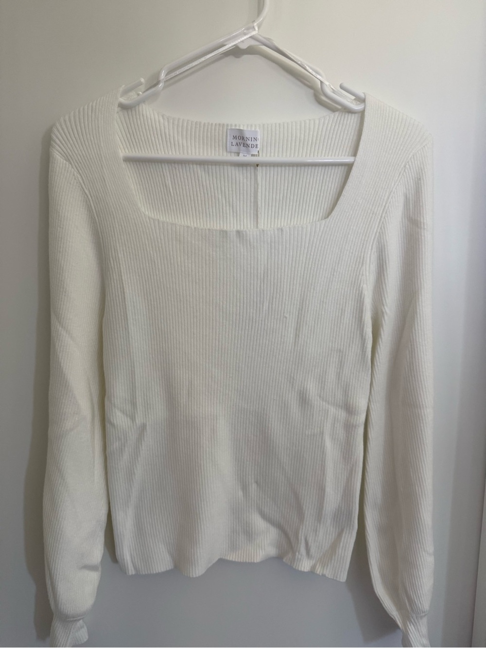 Women's Cream Ribbed Square-Neck Puff Sleeve Knit Top